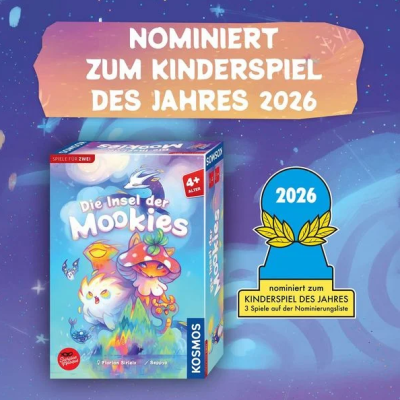 Spiel des Monats August 2026 - Die Insel der Mookies, Bild der Verpackung mit Zauberhaften Tieren